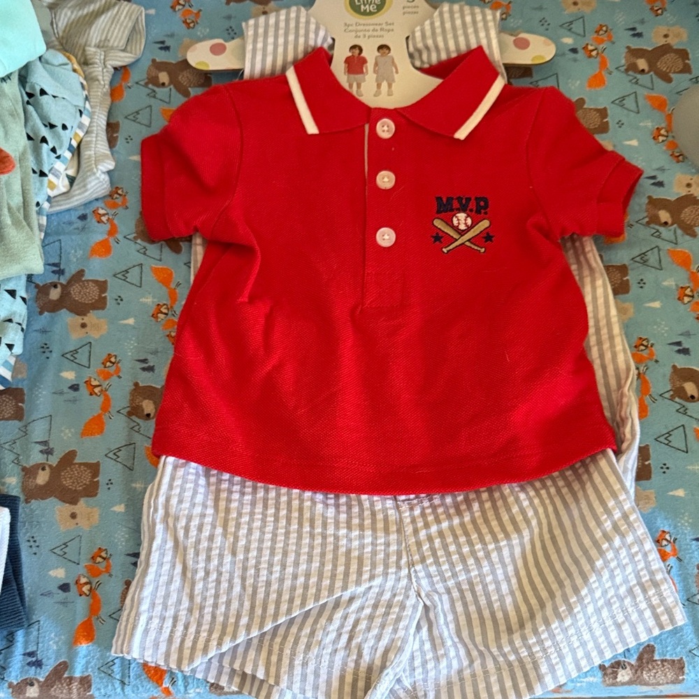 Little Me Red MVP Polo and Striped Shorts Set